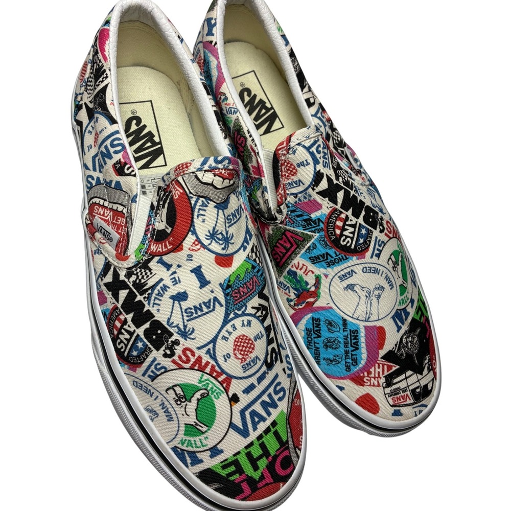 Vans Mash Up Classic Mens 8.5 Women's 10 White Stickers Skate Slip On Shoes
